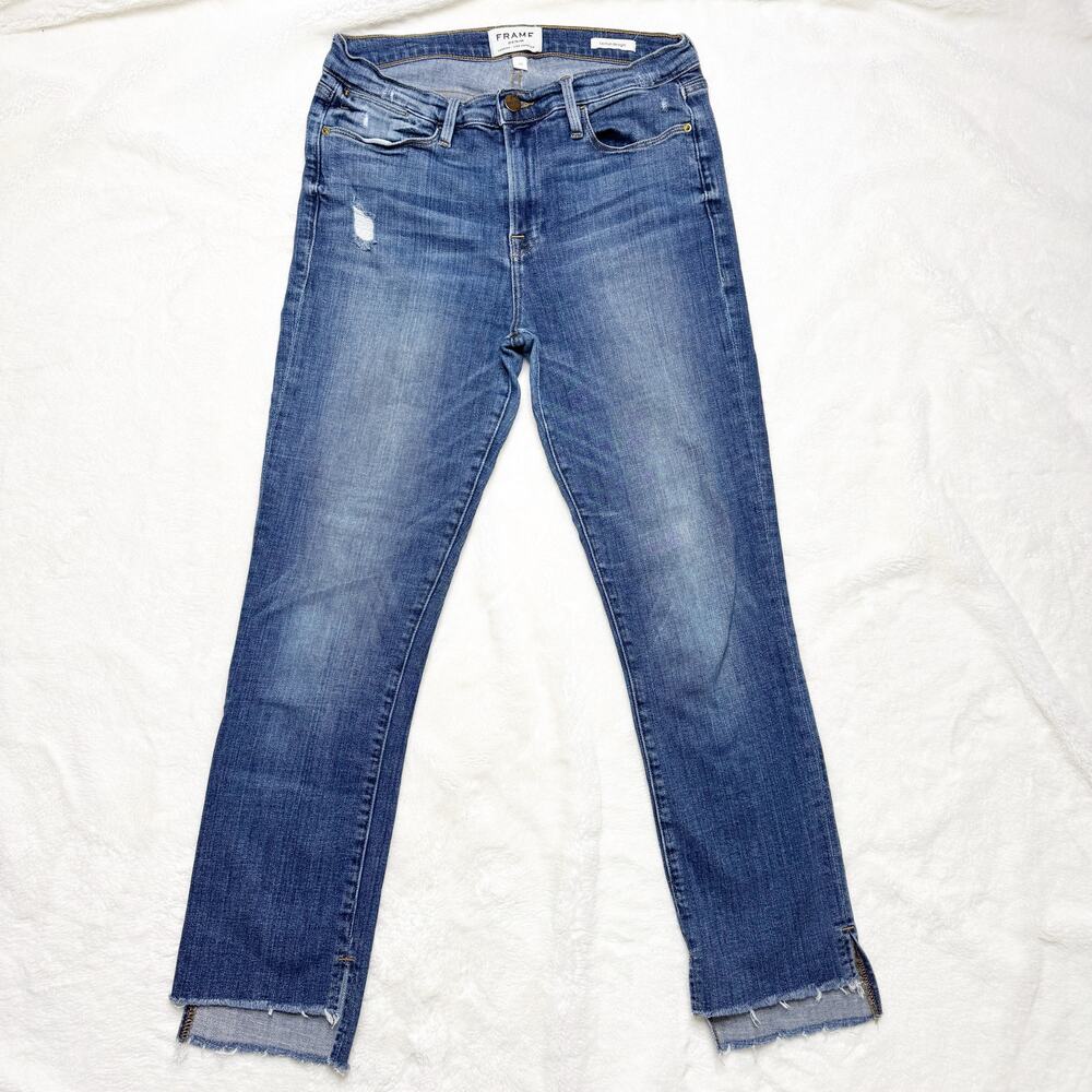 FRAME Denim Le High Straight High Rise Cropped Distressed Blue Jeans size 28 - Picture 2 of 10